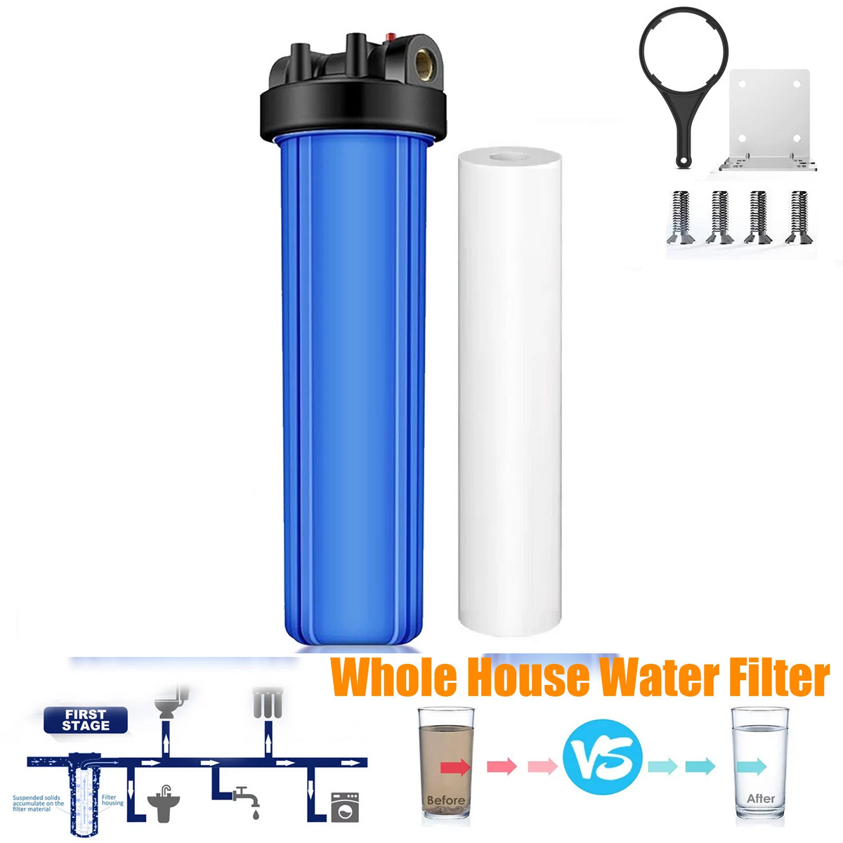 20" x 4.5" Whole House Rain Tank Water Filter System 5Mic PP, Steel Bracket